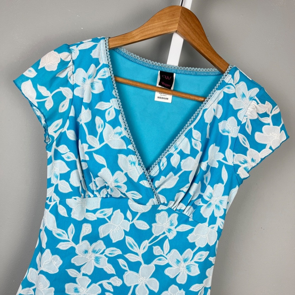 Wrapper Mesh Babydoll Top Womens M Aqua Blue Floral Vintage Y2K Whimsical
